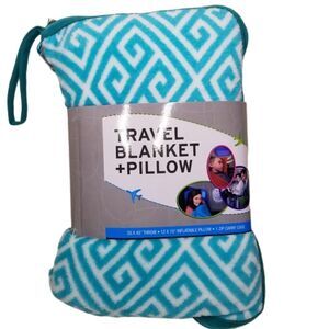 SILVER‎ One Travel Blanket And Pillow Set Teal White Geometric Pattern NWT